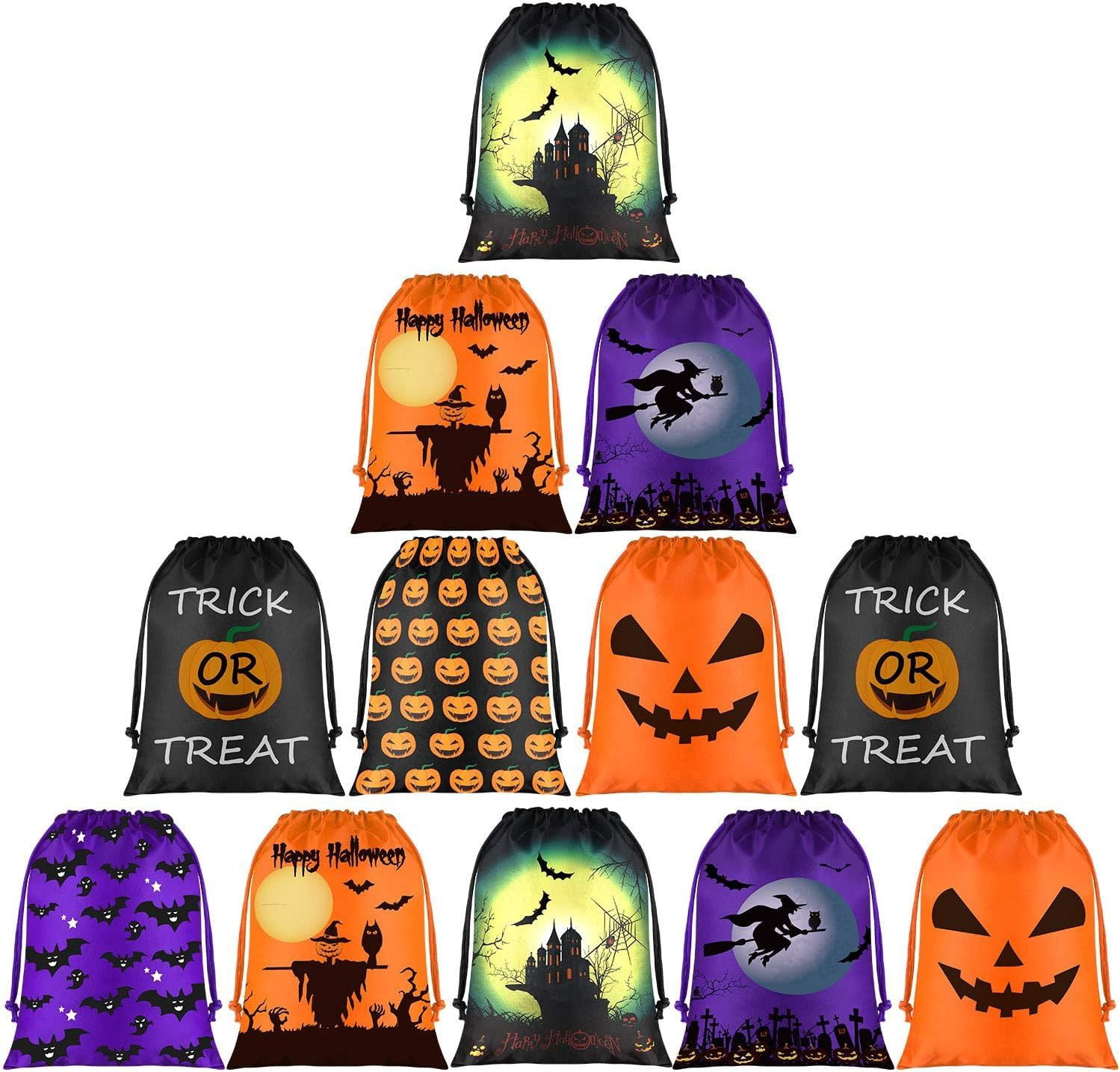 12 Pack Halloween Drawstring Bags with 7 Designs for Trick or Treat Party Favors