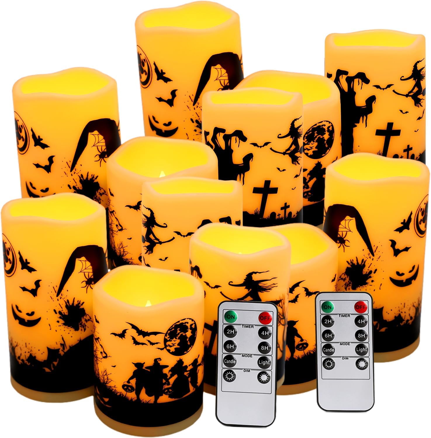 12-Pack Halloween LED Flameless Pillar Candles - Battery Operated with ...