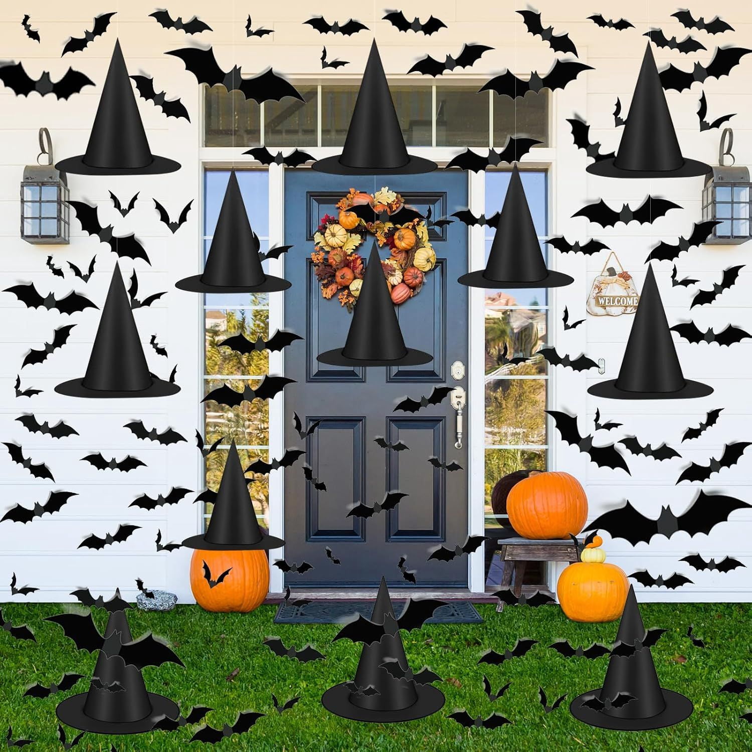 12 Pack Halloween Witch Hats with 120 Bat Stickers and 157ft Fishing Thread for Party Decor