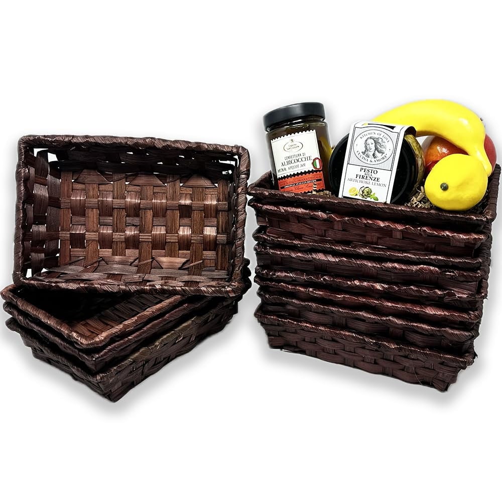 12 Pack Handmade Handwoven Dark Brown Bamboo Baskets – 8” Rectangular Organizers for Desk, Pantry, Bathroom, Small Item Storage, or Decorative Display – Bulk Supply Set