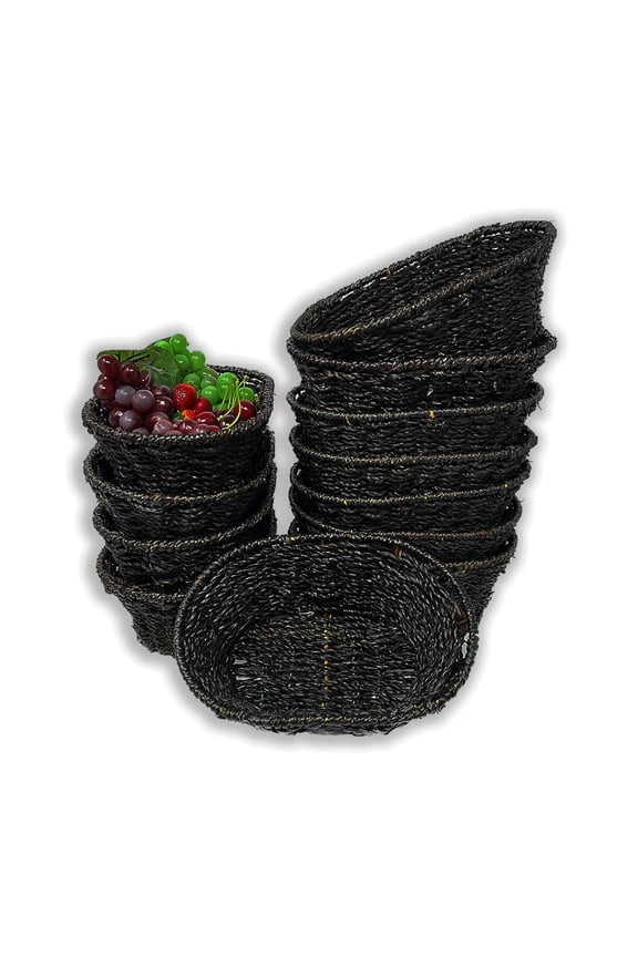 12 Pack Handmade Handwoven Dark Brown Seagrass 9 Oval Tray Baskets Multipurpose Food, Bread & Fruit Serving Baskets for Home, Restaurants & Catering Bulk Supply Set, Bathroom Organizer