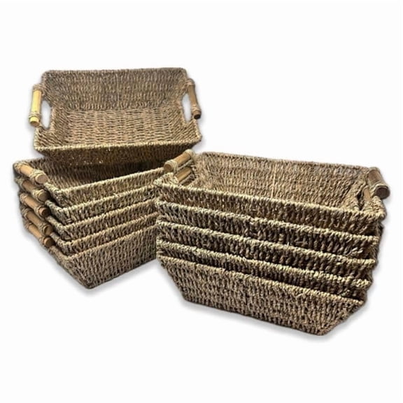 12 Pack Handmade Handwoven Small Seagrass Baskets with Bamboo Handles – Kalani 14" Bulk Supply Set for Storage & Organization, Home, Bathroom, Pantry, Shelves