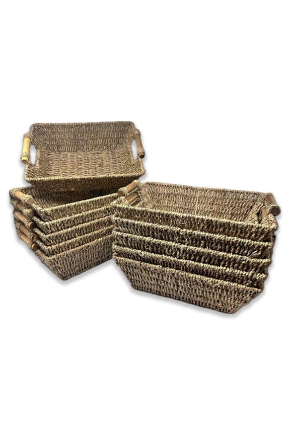 12 Pack Handmade Handwoven Small Seagrass Baskets with Bamboo Handles Kalani 14" Bulk Supply Set for Storage & Organization, Home, Bathroom, Pantry, Shelves
