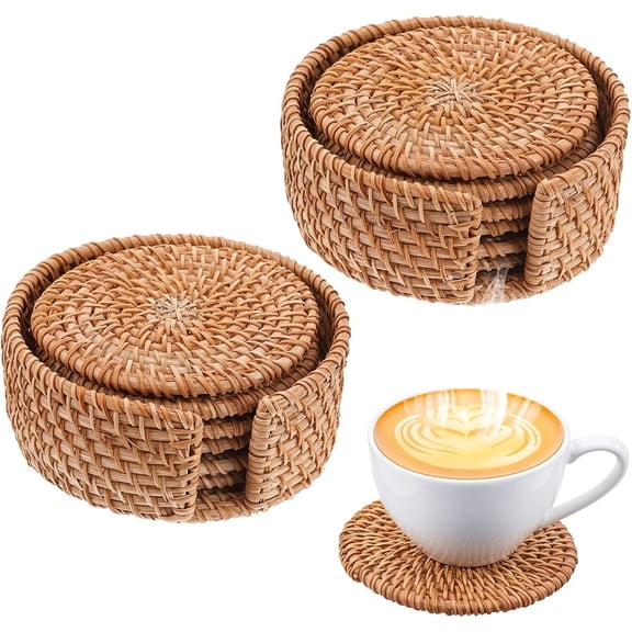 12 Pack Handmade Rattan Coasters with Holder, 4 Inch Natural Wicker Boho Drink Coasters Set, Heat Resistant Reusable Table Protectors for Home Decor, Brown