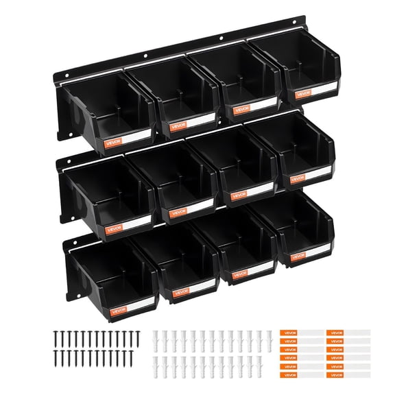 12-Pack Hanging Storage Bins with 3 Mounting Rails, Plastic Wall Organizer for Screws, Nails, Bolts, Tools