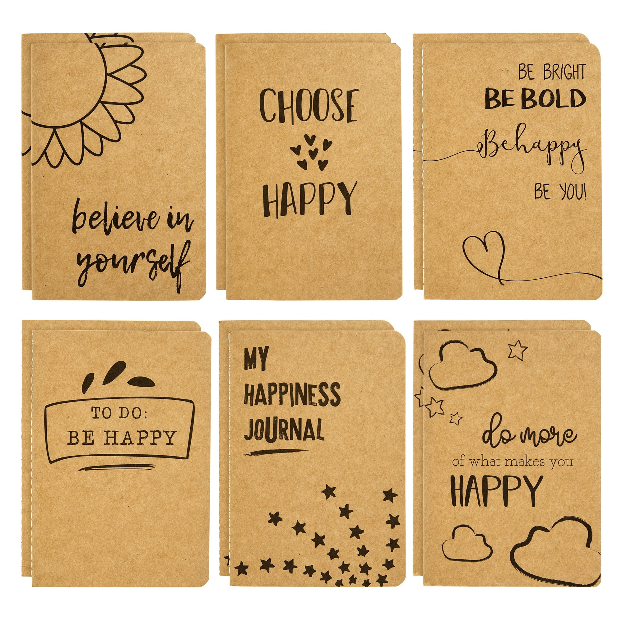 12 Pack Happiness-Themed Journals Bulk Set, Kraft Paper Notebooks with 80  Lined Pages for Kids, Office, School Supplies (4 x 5.75 In)