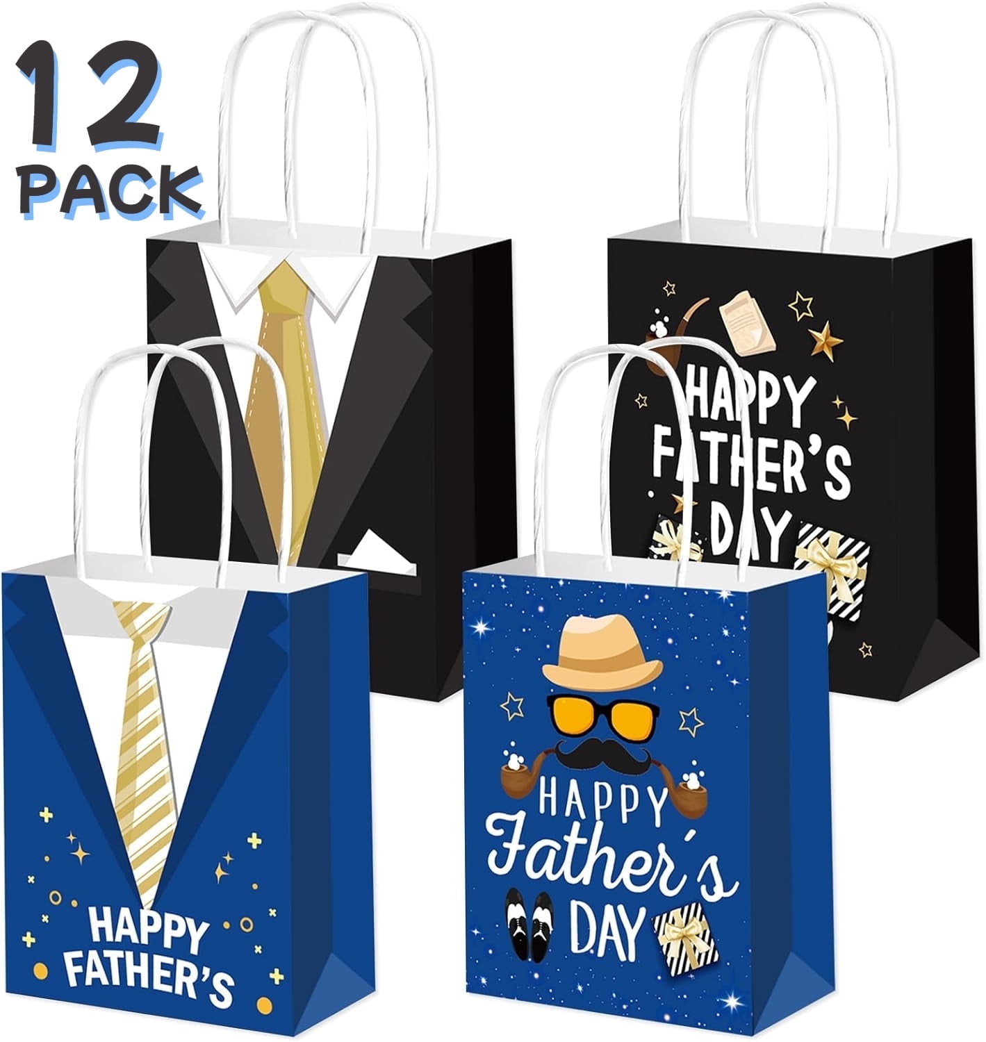 12 Pack Happy Father's Day Gift Bags Blue Black Father's Day Paper Gift ...