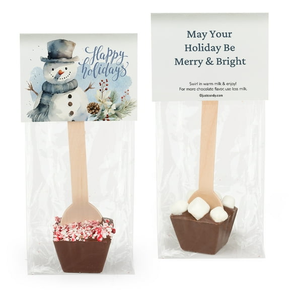 12 Pack Happy Holidays Snowman Hot Chocolate Spoon Party Favors - Milk Chocolate With Marshmallows
