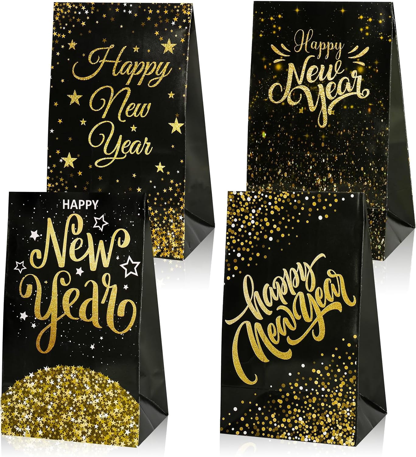 12 Pack Happy New Year Party Favor Gift Bags, Black & Gold Treat Bag