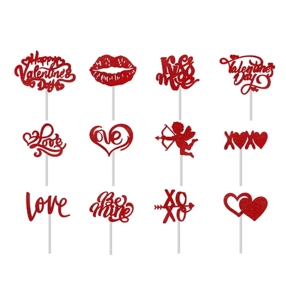 12 Pack Happy Valentine's Day Cupcake Toppers Glitter Heart Picks for Cake Dessert Party Supplies