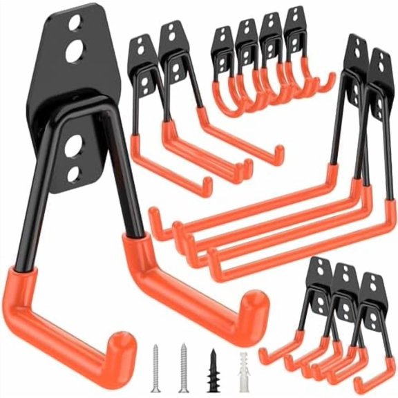 12 Pack Heavy Duty Garage Hooks, Steel Utility Wall Storage Hooks, Wall Mount Hanger Organizer for Ladders, Bikes, Tools, Bulky Items (Set, Orange)
