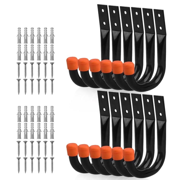 12-Pack Heavy Duty Metal Wall J Hooks, Wall Mount Garage Storage Hooks for Ladders, Tools, Extension Cords & Bags, Indoor Outdoor Black Utility Organizer Hooks