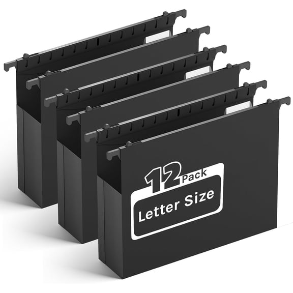12 Pack Heavy‑Duty Plastic Hanging File Folders, Letter Size, 2 Inch Expandable with Tabs, Extra Capacity File Cabinet Organizer for Home & Offic