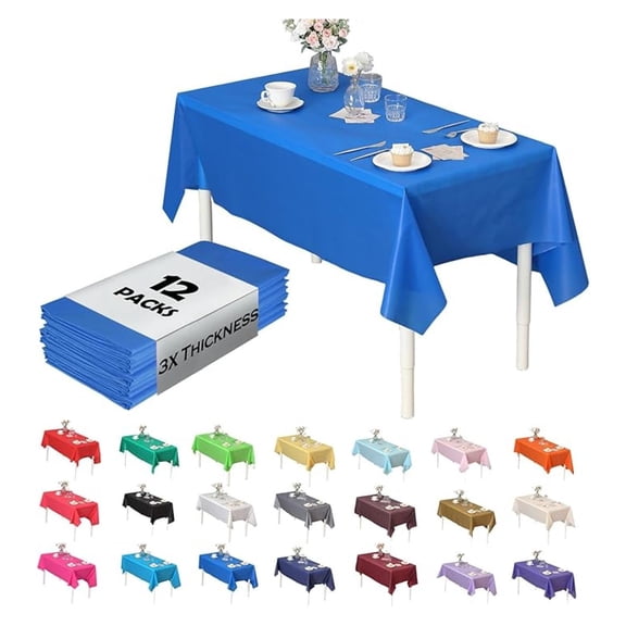 (12-Pack) Heavy Duty Plastic Table Covers Tablecloth (Reusable) (Rectangle 54" X 108", Blue)