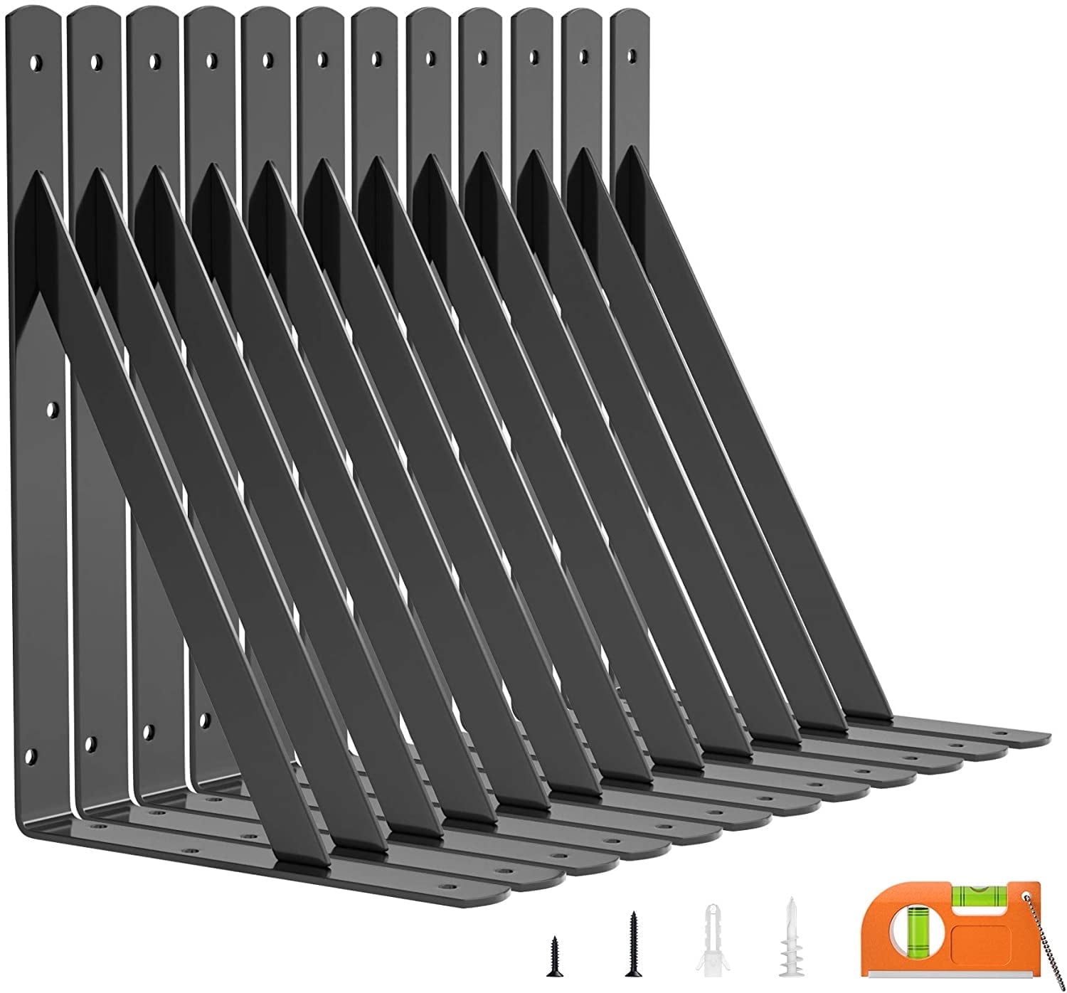 12-Pack Heavy Duty Shelf Bracket 11 Inch, Wall Fit for 11-16 Inch Floating Shelves, L Brackets with 90 Degree Triangle, 250 LBS Max Load, Shelf Mounting Hardware Included, Black