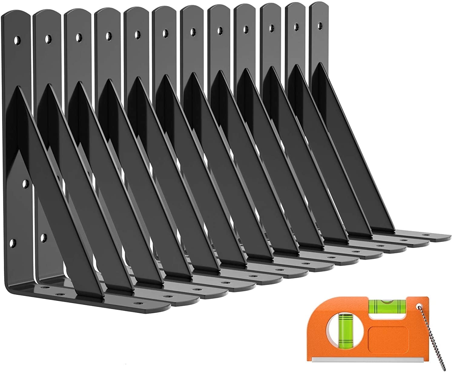 12-Pack Heavy Duty Shelf Bracket 7 Inch, Wall Fit for 7-10 Inch Floating Shelves, L Brackets with 90 Degree Triangle, 250 LBS Max Load, Shelf Mounting Hardware Included, Black