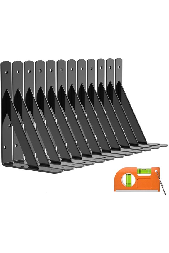 12-Pack Heavy Duty Shelf Bracket 7 Inch, Wall Fit for 7-10 Inch Floating Shelves, L Brackets with 90 Degree Triangle, 250 LBS Max Load, Shelf Mounting Hardware Included, Black