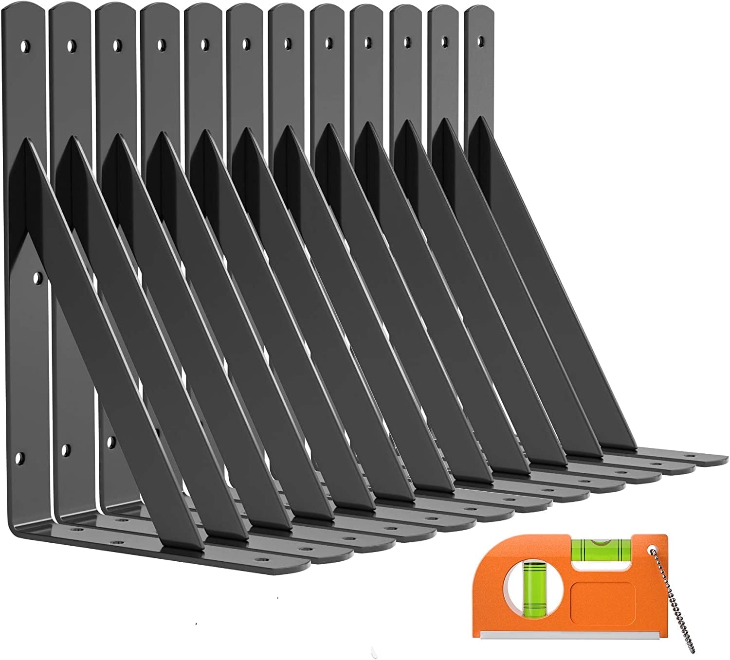 12-Pack Heavy Duty Shelf Bracket 9 Inch, Wall Fit for 9-14 Inch Floating Shelves, L Brackets with 90 Degree Triangle, 250 LBS Max Load, Shelf Mounting Hardware Included, Black