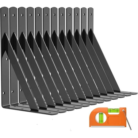 12-Pack Heavy Duty Shelf Bracket 9 Inch, Wall Fit for 9-14 Inch Floating Shelves, L Brackets with 90 Degree Triangle, 250 LBS Max Load, Shelf Mounting Hardware Included, Black