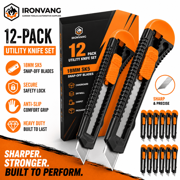 12 Pack Heavy Duty Utility Knife Set, 18mm Retractable Box Cutter with SK5 Snap-Off Blades, Safety Lock, Anti-Slip Grip for Cardboard, Carpet, Drywall, Packaging & Warehouse Cutting