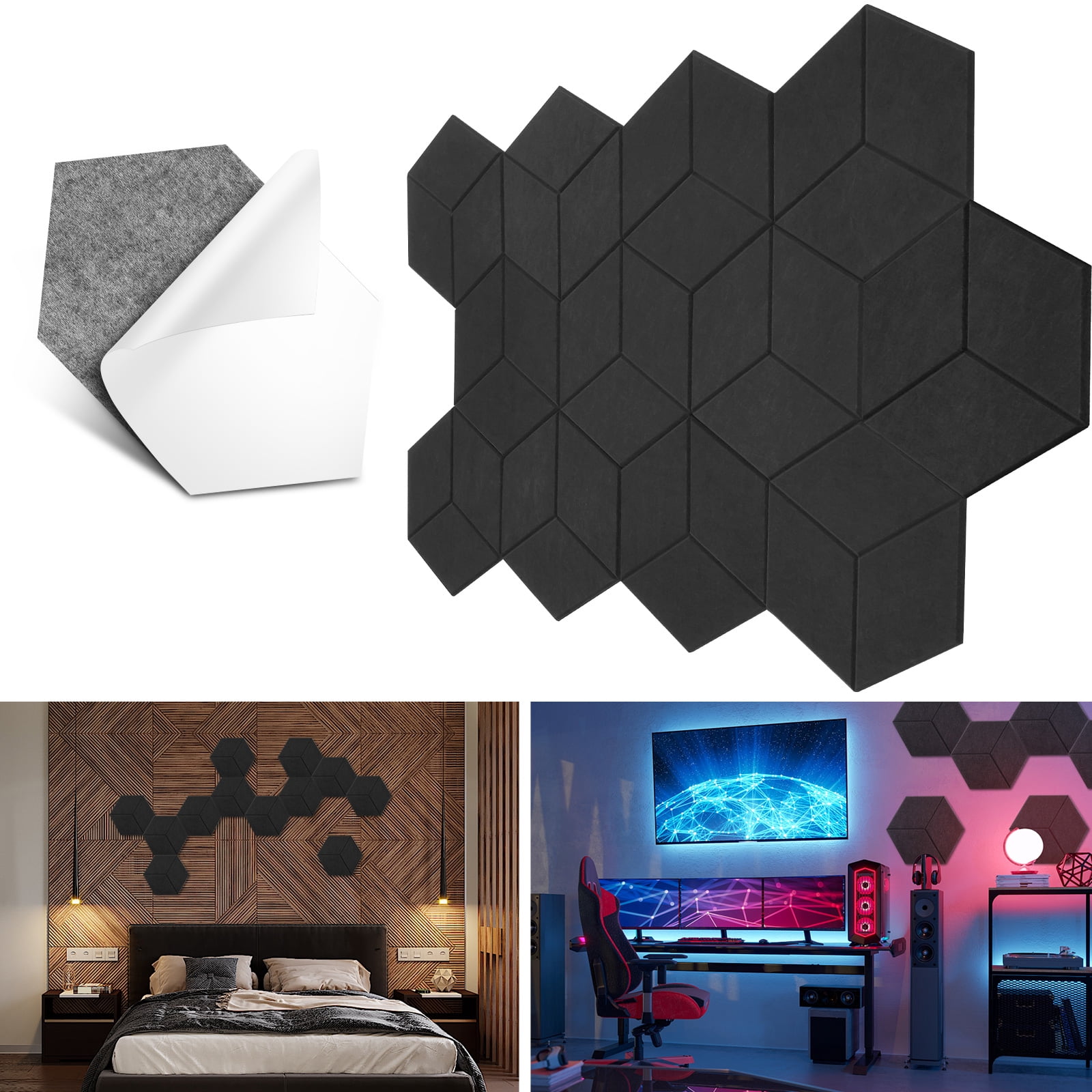 12 Pack Hexagon Acoustic Panels Self-adhesive TONOR 11.8"x10.24"x High Density Sound Proofing Panels for Walls Sound Deadening Insulation Treatment Sound Absorbing for Studio Office Home Black