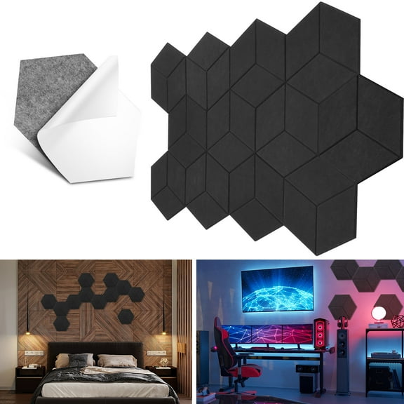 12 Pack Hexagon Acoustic Panels Self-adhesive TONOR 11.8"x10.24"x High Density Sound Proofing Panels for Walls Sound Deadening Insulation Treatment Sound Absorbing for Studio Office Home Black