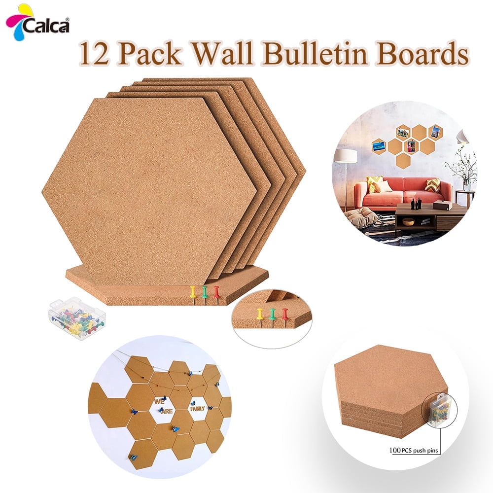 12 Pack Hexagon Cork Wall Bulletin Boards 12" x 10.2" Cork Tiles Self-Adhesive Cork Board Wall Panels Pin Board for Home Office School with 100pcs Push Pins