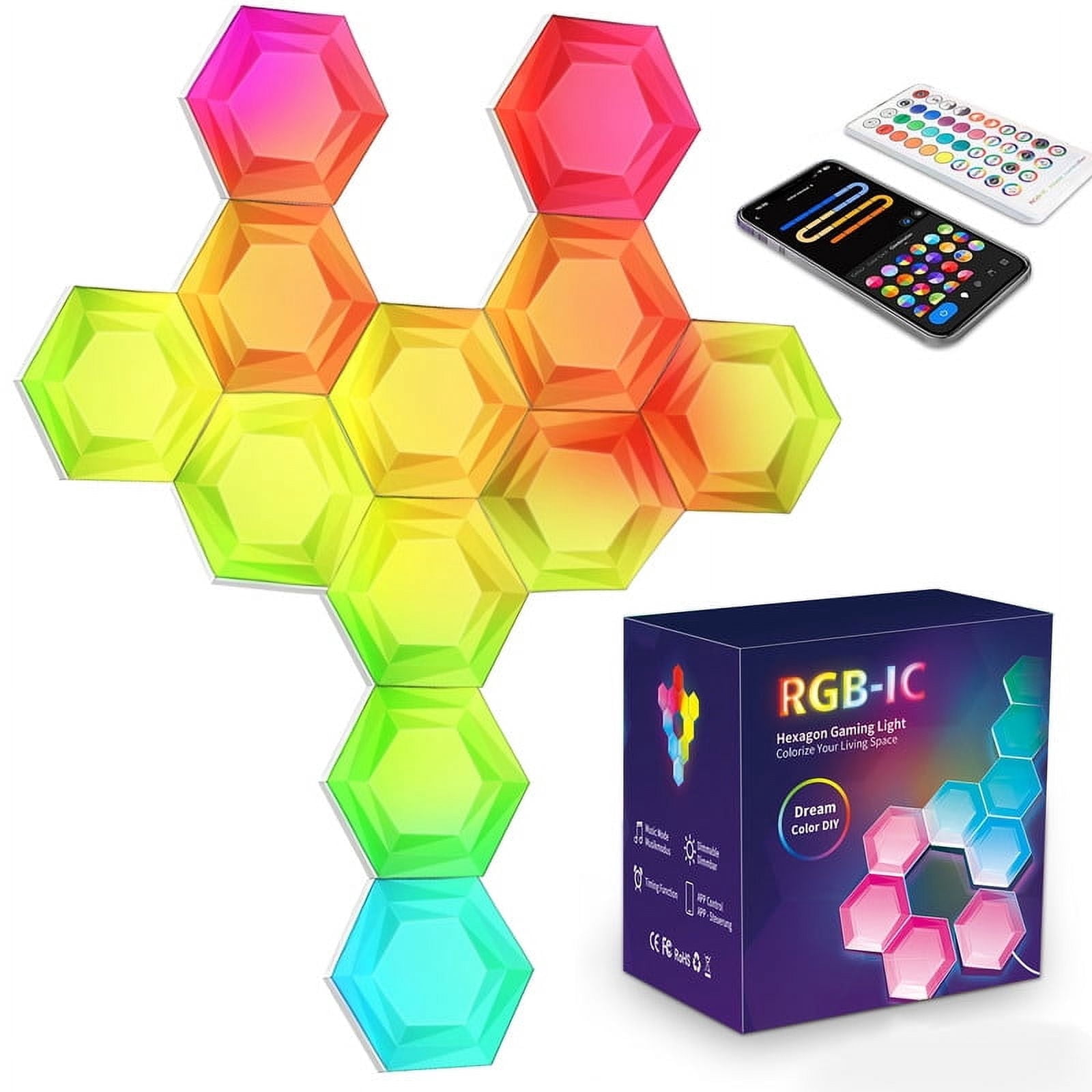 12 Pack Hexagon LED Lights with Remote & APP, Smart Hexagon Lights Sync to Music for Wall Gaming LED Lights, DIY Geometry Splicing Night Light for Game Room/Living Room/Bedroom/TV Decor