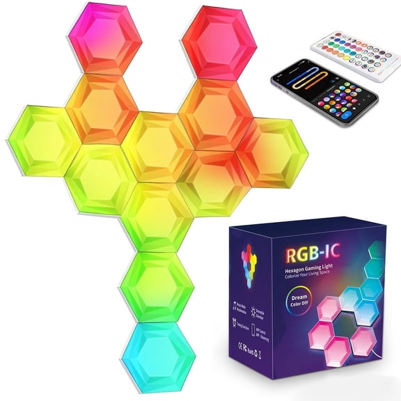 12 Pack Hexagon LED Lights with Remote & APP, Smart Hexagon Lights Sync to Music for Wall Gaming LED Lights, DIY Geometry Splicing Night Light for Game Room/Living Room/Bedroom/TV Decor