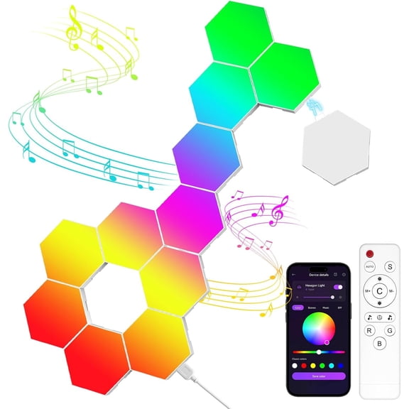 12 Pack Hexagon LED Wall Light Panels - RGB Lights with APP & Remote, Sync Honeycomb Design - Modular Gaming Wall Decor for Bedroom, Room, and Living Room