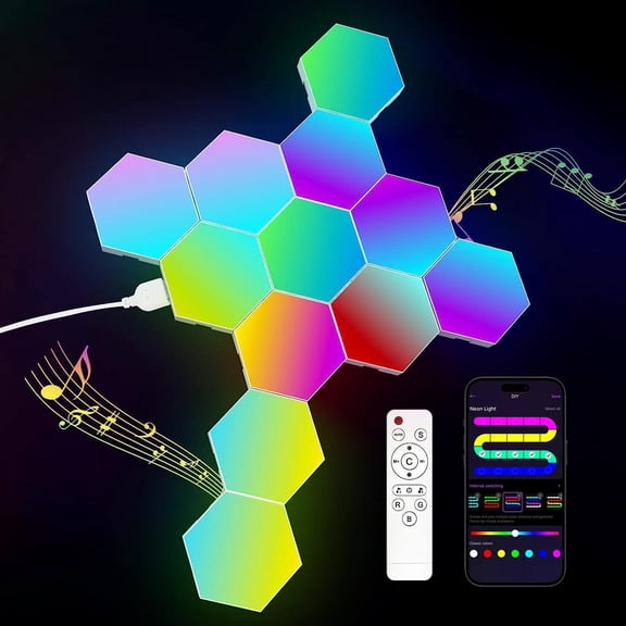 12-Pack Hexagon Light Panels -  RGB LED Wall Lights with App & Remote -  Sync Gaming Lights for Room Decor, Birthday & Party Gifts for Boys, Teens, Men, Boyfriends, and