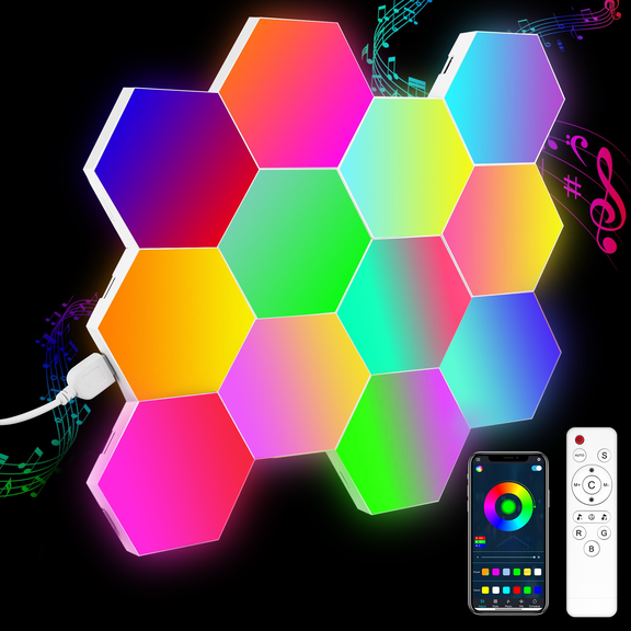 12 Pack Hexagon Wall Lights - Smart RGB Hexagonal LED Panels APP Controlled with Music Sync, Honeycomb Design, for Gaming, Bedroom, Kids Room Decor