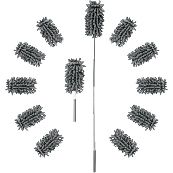 12 Pack High Duster with Extension Pole, Reusable & Washable Feather Duster, Microfiber Dusters for Cleaning for Ceiling Fan, Sofas, Ceiling, Car, Cabinet, Furniture, Blind(Gray)