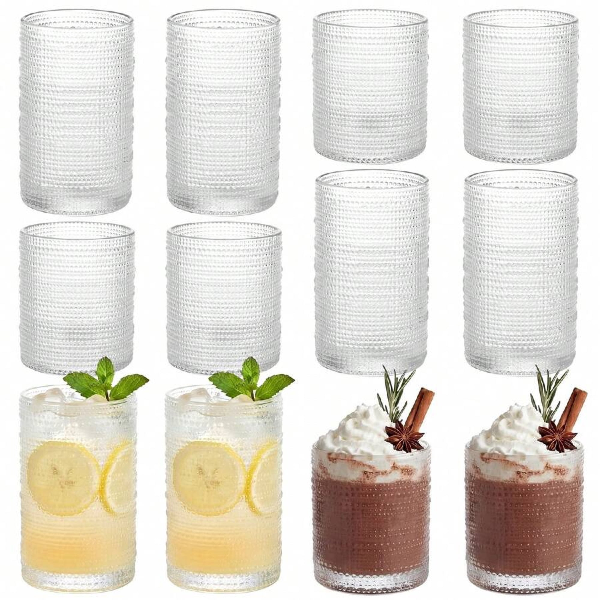 12-Pack Hobnail Embossed Glassware Set, Clear Boho Highball & Cocktail Tumblers, Reusable Drinkware for Kitchen Bar, Home Serving Whiskey, Beer, Juice, Milk