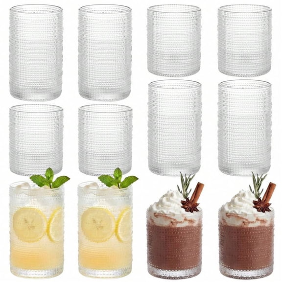 12-Pack Hobnail Embossed Glassware Set, Clear Boho Highball & Cocktail Tumblers, Reusable Drinkware for Kitchen Bar, Home Serving Whiskey, Beer, Juice, Milk