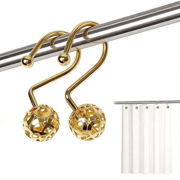 12-Pack Hollow Ball Shower Curtain Hooks - Rustproof Stainless Steel Decorative Shower Rings for Bathroom - Luxury Gold Finish