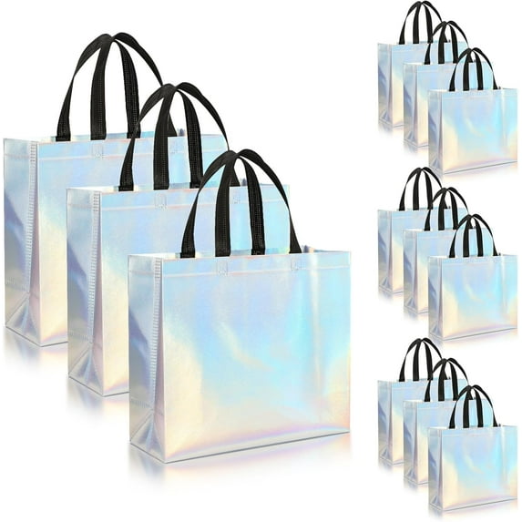 12 Pack Holographic Reusable Large Gift Bags for Presents, Luxury Non-Woven Iridescent Gift Bags for Birthday Holiday Christmas Valentine's Day Mother's Day Wedding Bridesmaid Gift Bags