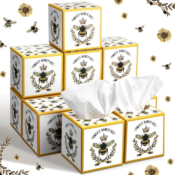 12 Pack Honey Bee Facial Tissues Cube Boxes 3 Ply Square Face Tissues Box Cover Holder for Spring Summer party Home Bathroom Office Car Accessories (Yellow)