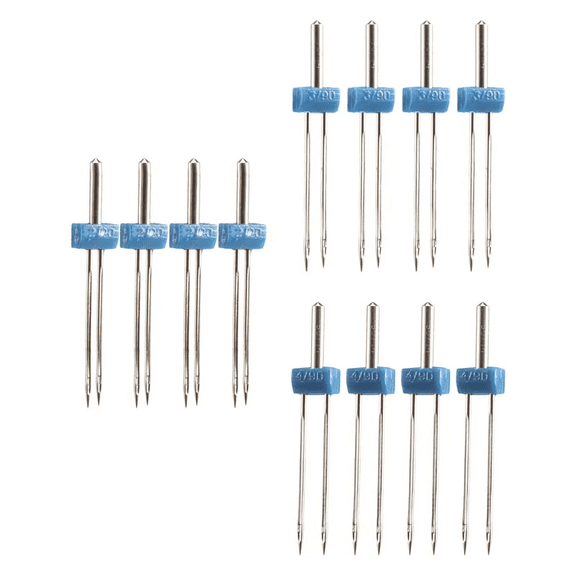 12 Pack Household Sewing Machine Twin Needles Double Head Stainless Steel Needles, Sizes 2mm, 3mm & 4mm Spacing for Decorative Stitching & Hemming, Silver, By Preplabs