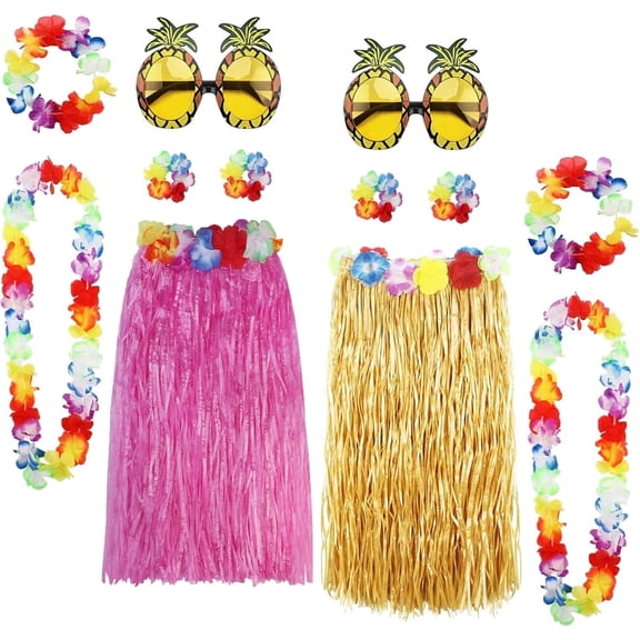 12 Pack Hula Skirt Costume Kit for Hawaii Luau Party, Grass Skirt Sunglasses Leis Necklace Bracelet Set Luau Decorations for Kids and Adults