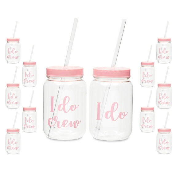 12 Pack "I Do Crew" Bachelorette Party Cups with Lids, Pink Bridal Shower Mason Jar Gifts (18 oz)
