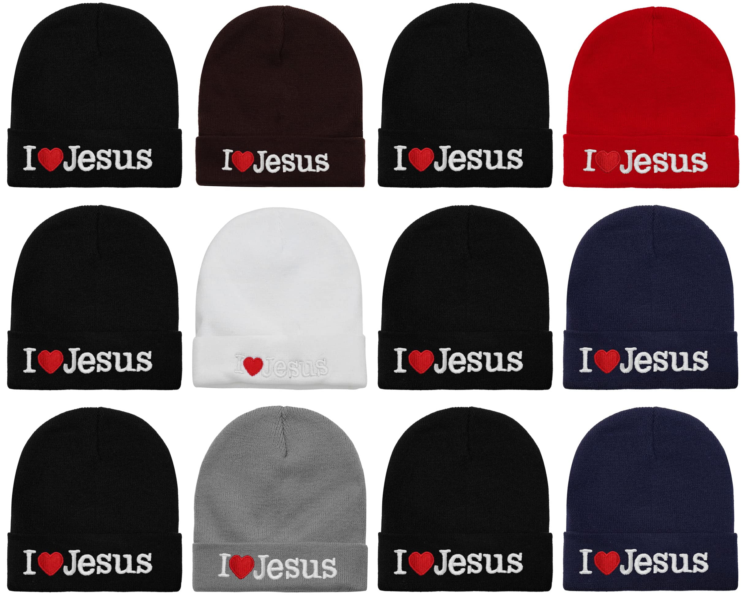 12-Pack I Love Jesus Beanie Hat Ski Cap Plain Solid Color Warm Great for Winter (12 Assorted Color)