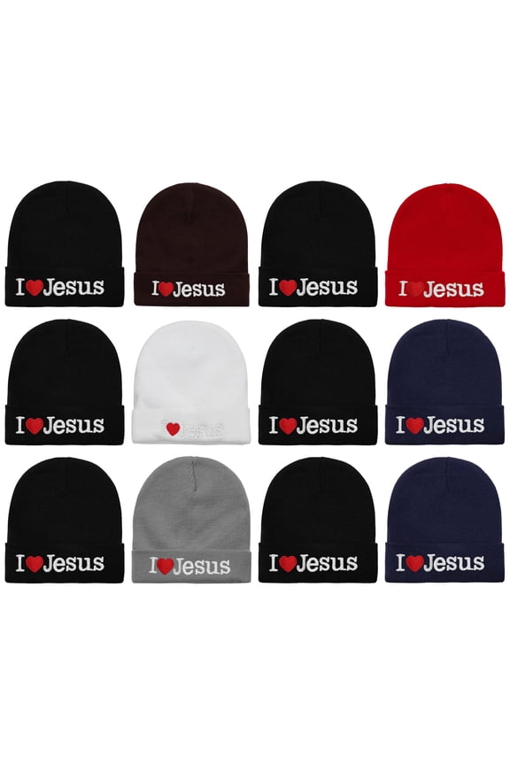 12-Pack I Love Jesus Beanie Hat Ski Cap Plain Solid Color Warm Great for Winter (12 Assorted Color)