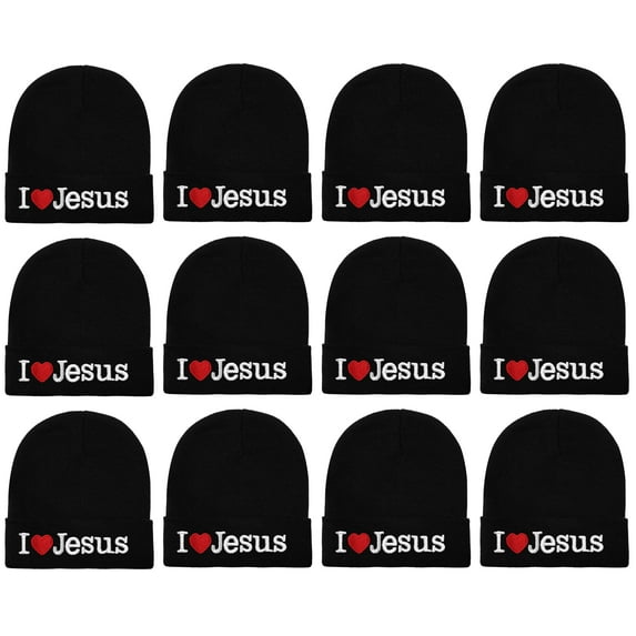 12-Pack I Love Jesus Beanie Hat Ski Cap Plain Solid Color Warm Great for Winter (12 Black)