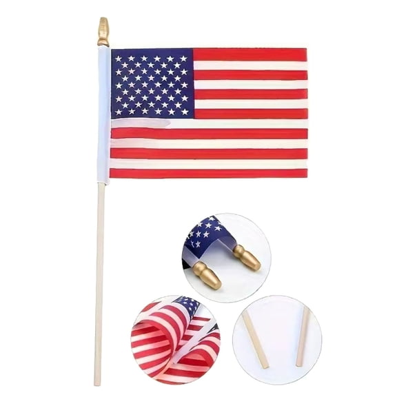 12 Pack Independence Day Handheld Flag Poles, 15.74in Plastic Stick with Gold Tip, Small Polyester Flag for July 4th Parade, Party Decoration