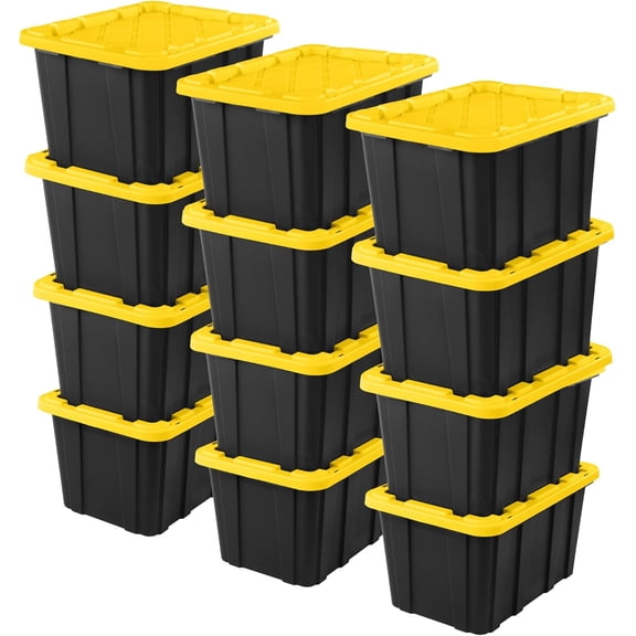 12-Pack Industrial Tote, Plastic Storage Container Bins with Lids, 27 Gallon - Heavy-Duty Organizing Containers for Closet, Bathroom, and Office