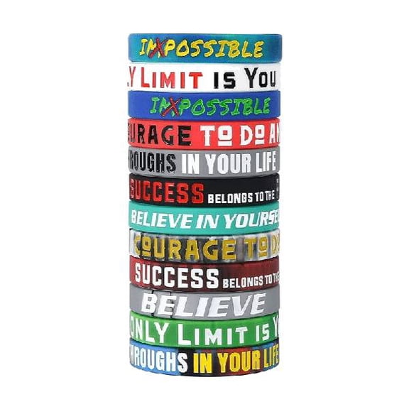 12-Pack Inspirational Silicone Wristbands | "IMPOSSIBLE" "BELIEVE IN YOURSELF" Motivational Bracelets | Team Sports, Student Rewards, Gym Gift Set