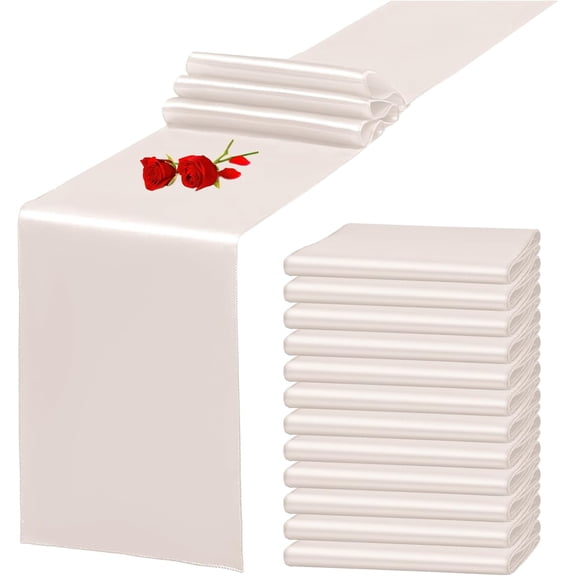 12 Pack Ivory Satin Table Runners 12 x 108 Inch Long Premium Wedding Party Decorations, Birthday, Banquets, Graduations, Engagements, Elegant Event Table Covers