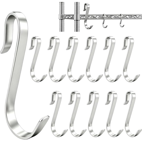12 Pack J-Shaped Hooks; 3.5-inch Large, Removable, Heavy-Duty Metal Shelf Hooks; Suitable for Metal Wire Racks, Shelving Units, and Wardrobe Shelf Accessories