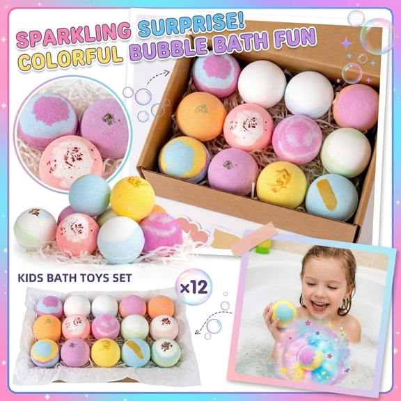 12 Pack Joyful Surprise Toy Fizzing Bubble Bath Bombs Gift Assortment, Kids Fun Bubble Bath Time Relaxing Bedtime Routine Prizes, Tear Free Natural Essential Oils Gentle Skin Care For Boys And Girls